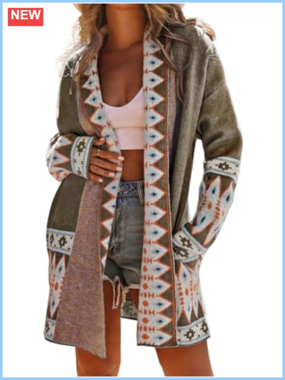 Boho Aztec Jacquard Knit Open Front Cardigan Long Sleeve Sweater Coat